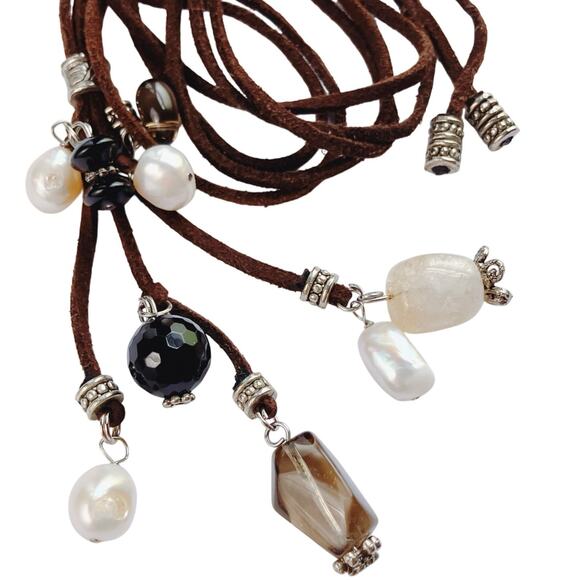 VTG Gemstone Freshwater Pearls Long Necklace Spinel Quartz Tourmaline Suede Boho - Picture 1 of 12